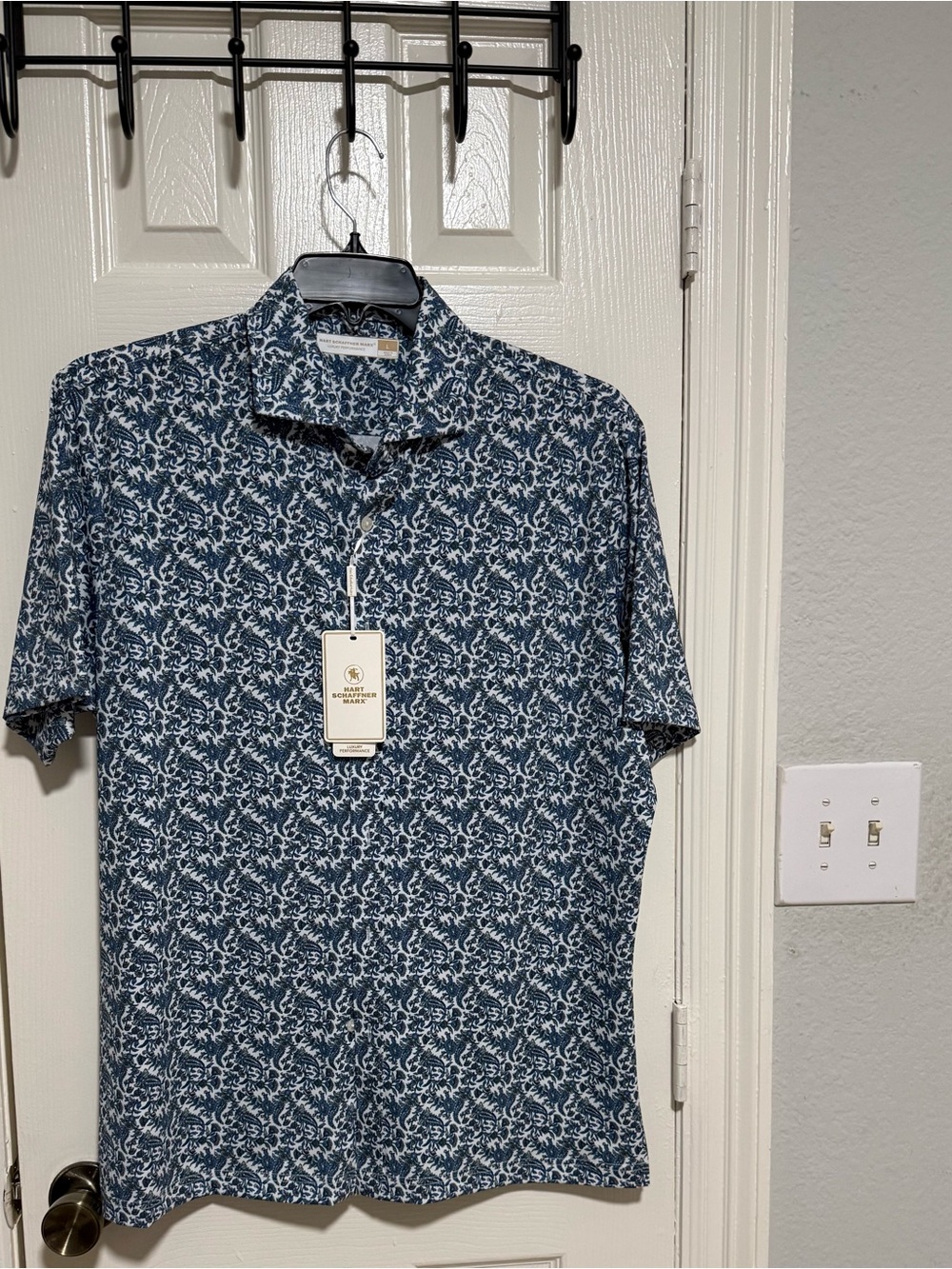 Hart Schaffner Marx Navy Blue and White Floral Print Polo